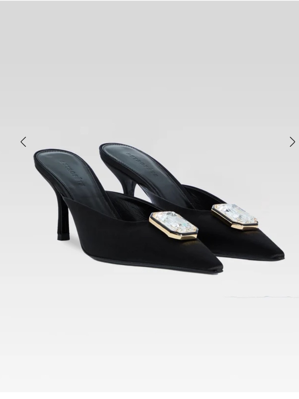 Retrofete Francesca kitten heels Black satin jewel shoes mules Revolve $398 37 7